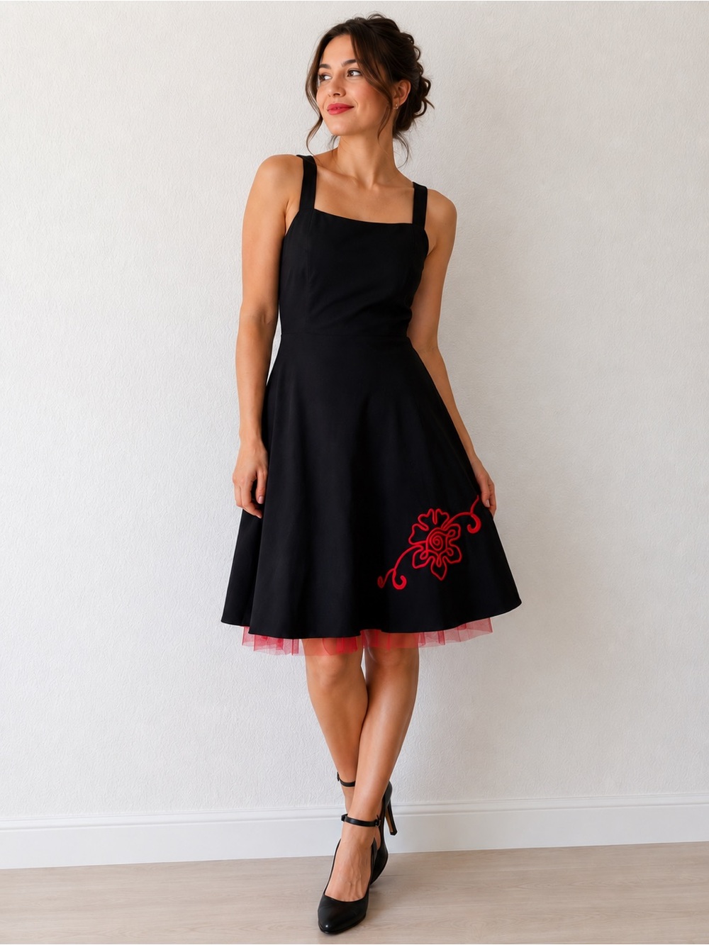 Vintage Ruby Rox Floral Embroidered Crinoline Dress Rockabilly Pinup Size 11